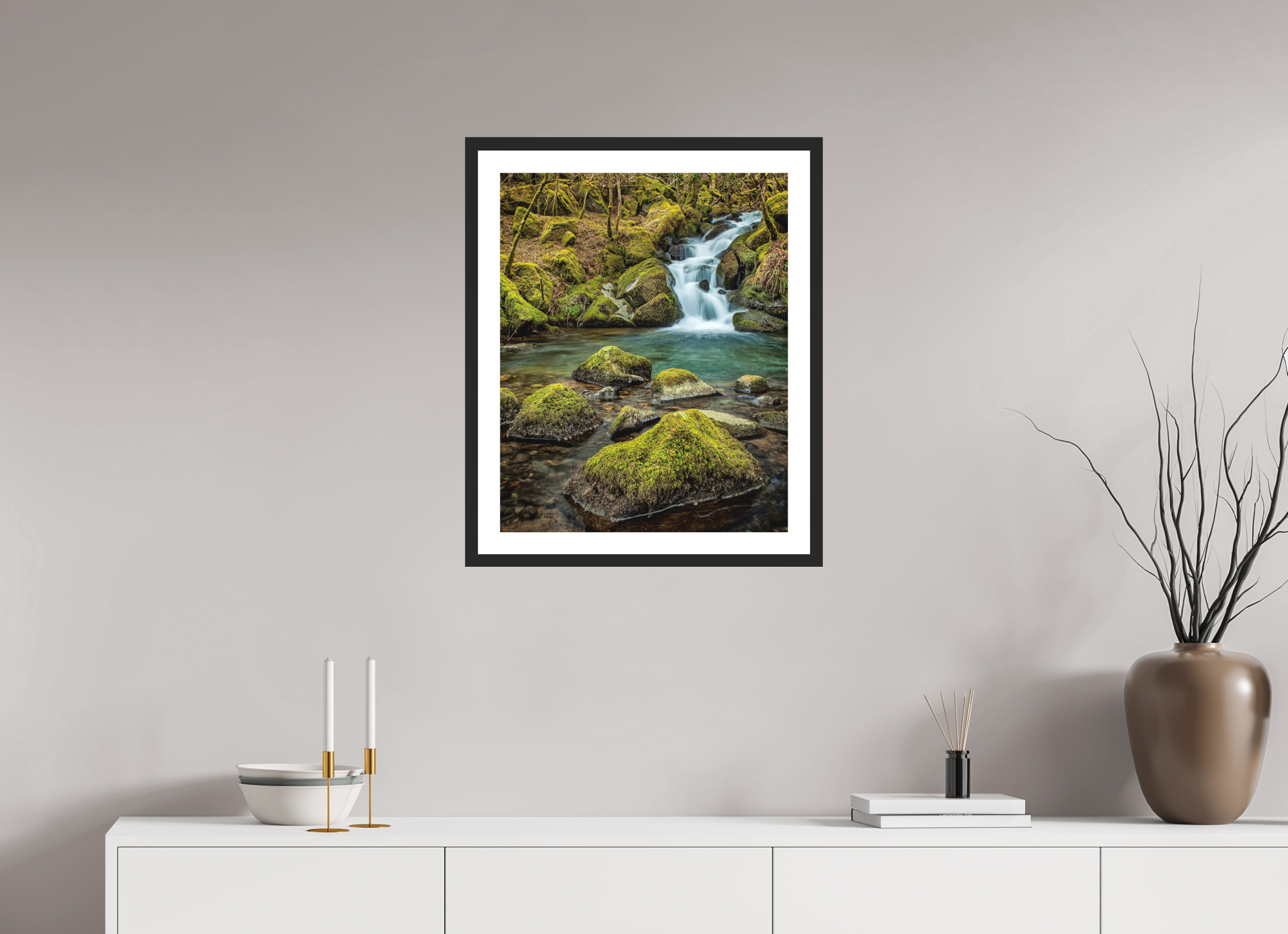 50 x 62.2 cm, Premium Fine Art – Baryta – Black Frame – Museum Glass Hidden Waters — Black Rock Falls