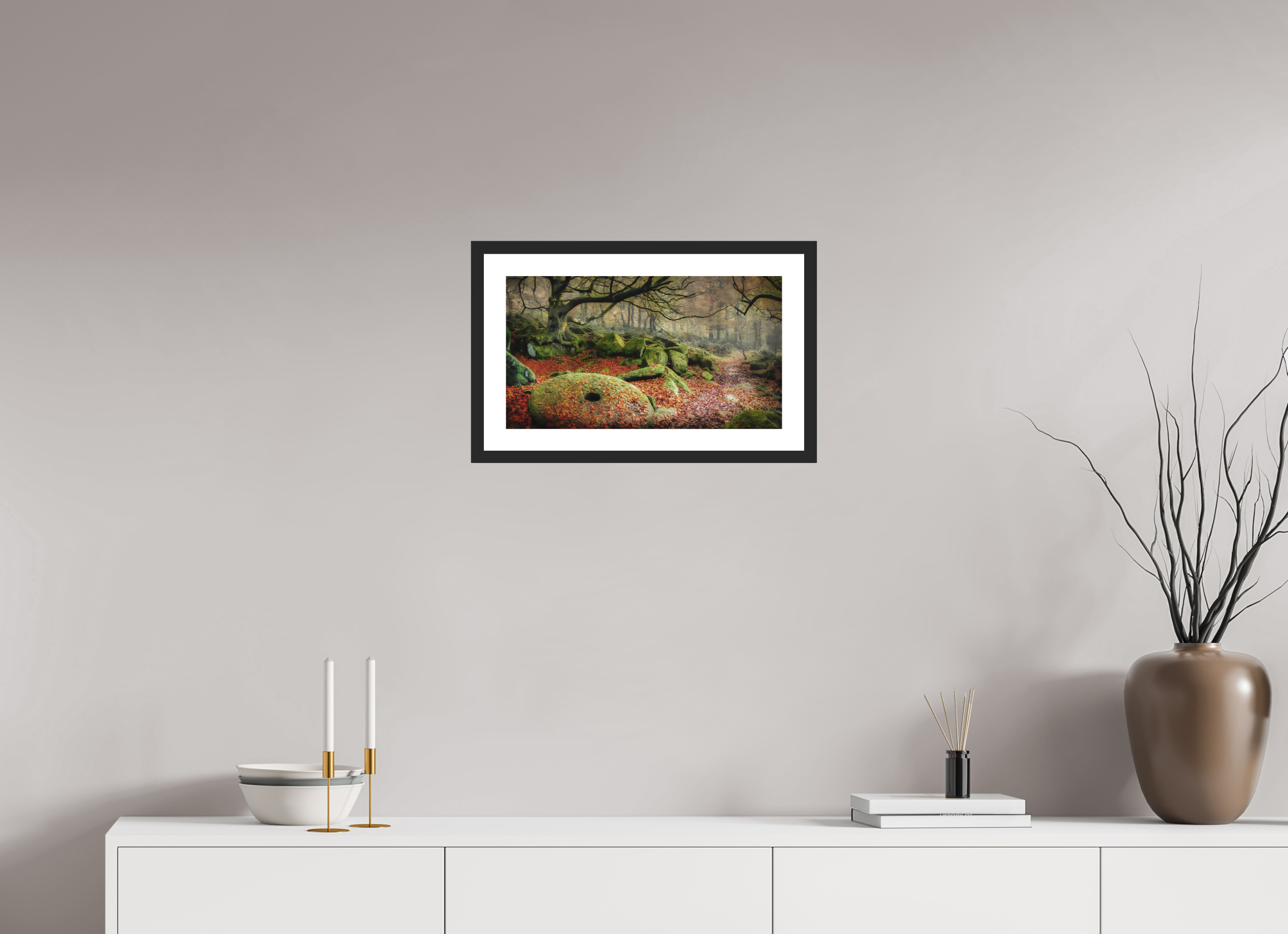 48 x 27 cm, Premium Fine Art – Baryta – Black Frame – Museum Glass Echoes of Padley Gorge