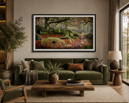 Echoes of Padley Gorge brings the rich colours and quiet atmosphere of an autumn woodland into your living space. Moss-covered stone, warm fallen leaves and soft woodland light create a timeless statement piece inspired by the beauty of the Peak District.