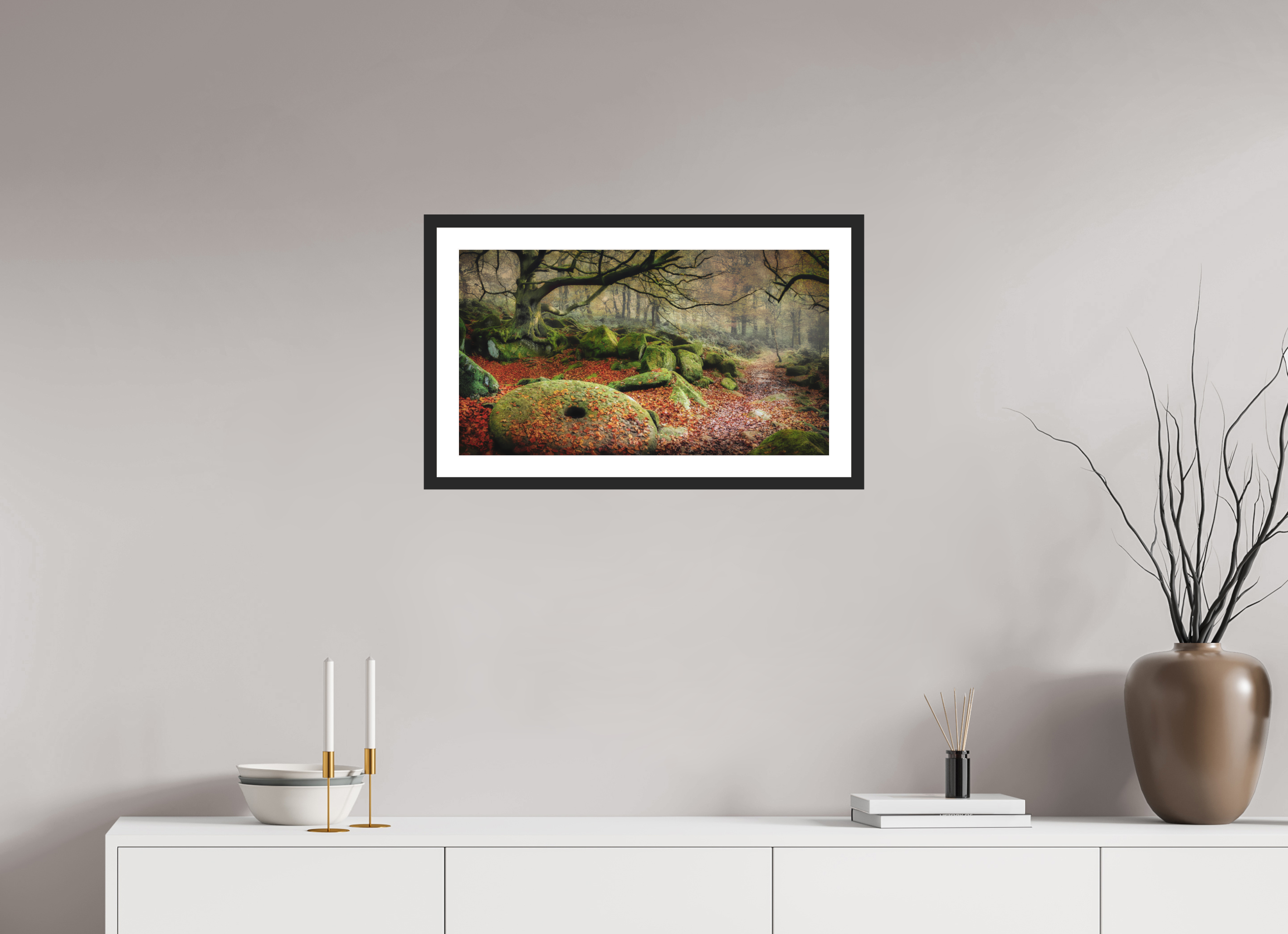 64 x 36 cm, Premium Fine Art – Baryta – Black Frame – Museum Glass Echoes of Padley Gorge
