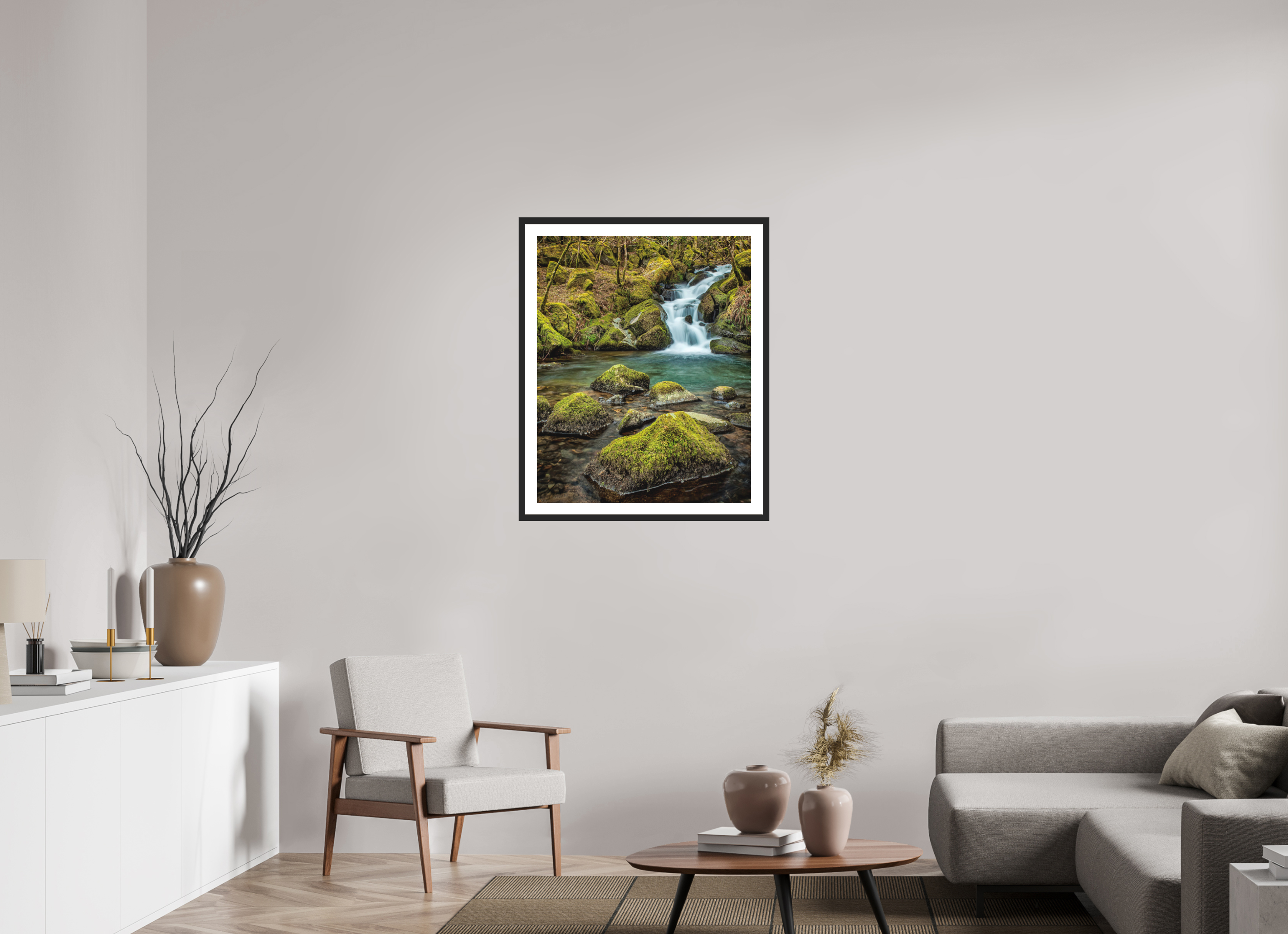 70 x 87.1 cm, Premium Fine Art – Baryta – Black Frame – Museum Glass Hidden Waters — Black Rock Falls